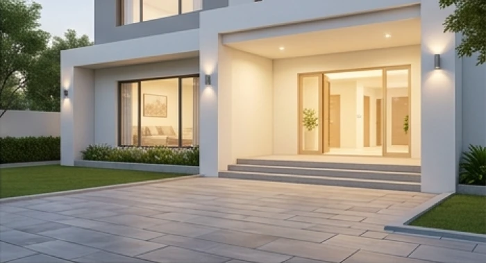 Khoảng sân trước nhà rộng rãi và thông thoáng giúp dòng khí di chuyển thuận lợi vào cửa chính