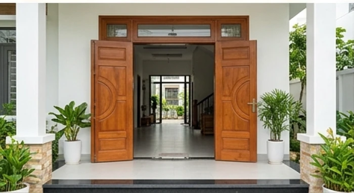 Khoảng sân trước cửa chính ngôi nhà được dọn dẹp sạch sẽ và thông thoáng không có vật cản án ngữ