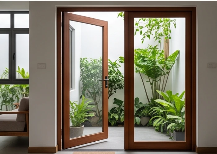 Hệ thống cửa phụ bằng kính khung gỗ mở ra khu vườn xanh mát tràn ngập ánh sáng tự nhiên