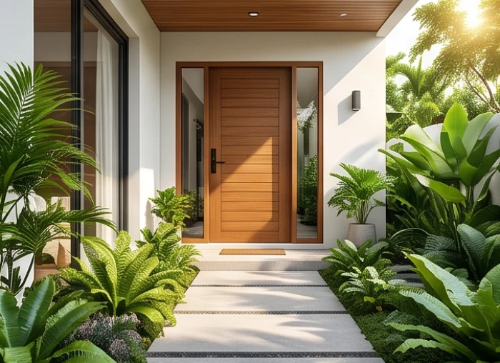 Cánh cửa phụ bên hông nhà thông ra khu vườn xanh mát giúp lưu thông luồng khí lành