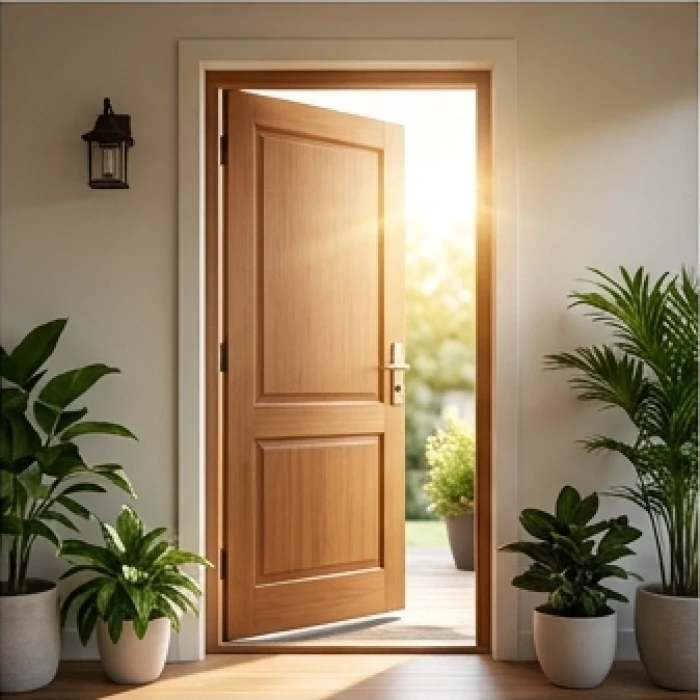 Lối đi nhỏ bên hông nhà với cánh cửa gỗ đơn giản, được gia chủ mở ra đón ánh nắng sáng sớm rực rỡ.