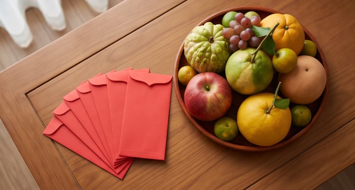 Phong bao lì xì đỏ và mâm ngũ quả tươi sáng chuẩn bị cho nghi thức đón khách xông nhà đầu năm mới Bính Ngọ