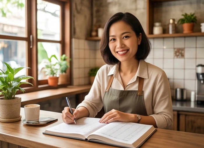 Chủ cửa hàng đang kiểm tra sổ sách và hàng hóa trong một quán cà phê nhỏ
