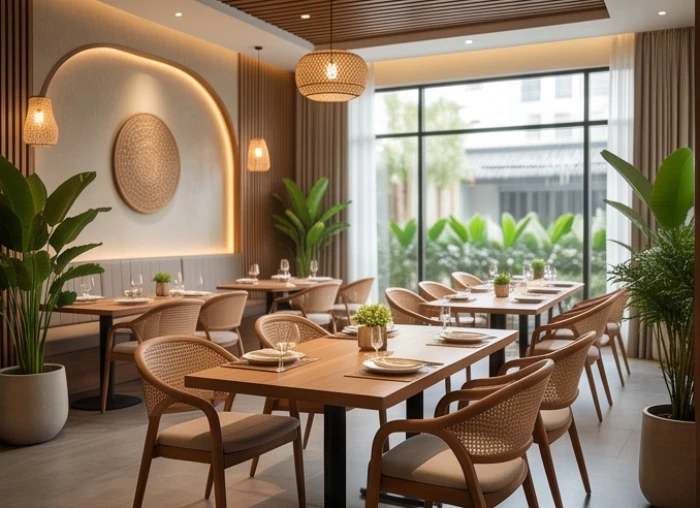 Không gian nhà hàng ẩm thực được bài trí sang trọng và ấm cúng dành cho người kinh doanh dịch vụ ăn uống