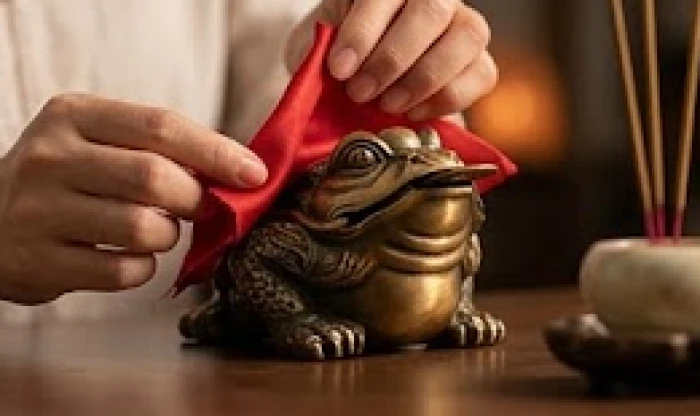 Gia chủ cẩn thận gỡ tấm vải đỏ che trên đầu linh vật sau khi nhang trầm trên mâm lễ đã cháy một nửa