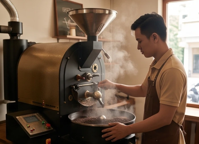 Thợ pha chế đang điều khiển máy rang xay hạt cà phê chuyên nghiệp tỏa ra làn khói mỏng
