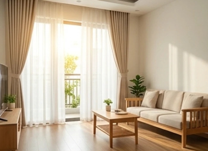 Không gian phòng khách gọn gàng với rèm cửa mở rộng đón ánh nắng buổi sáng từ 7h đến 9h giúp lưu thông sinh khí