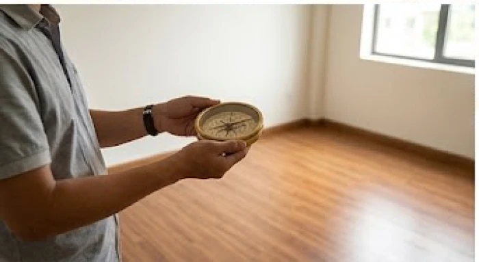 Người đàn ông đang cầm la bàn đứng đo đạc định vị các món đồ nội thất lớn bên trong căn phòng trống