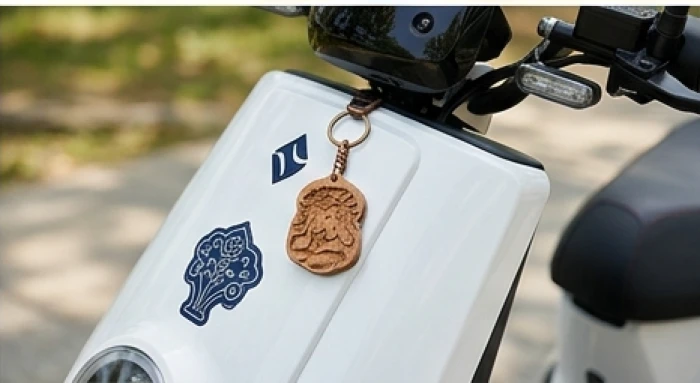 Móc khóa bằng gỗ tự nhiên và decal xanh dương dán trên tay lái chiếc xe đạp điện màu trắng để hóa giải xung khắc