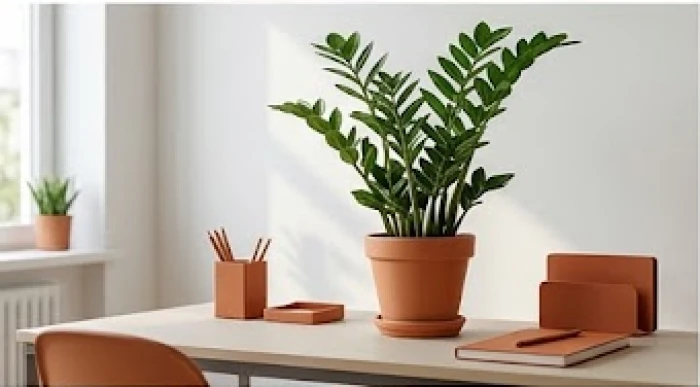 Chậu cây kim tiền xanh tốt đặt cạnh các vật dụng tông màu cam đỏ giúp kích hoạt quy luật tương sinh