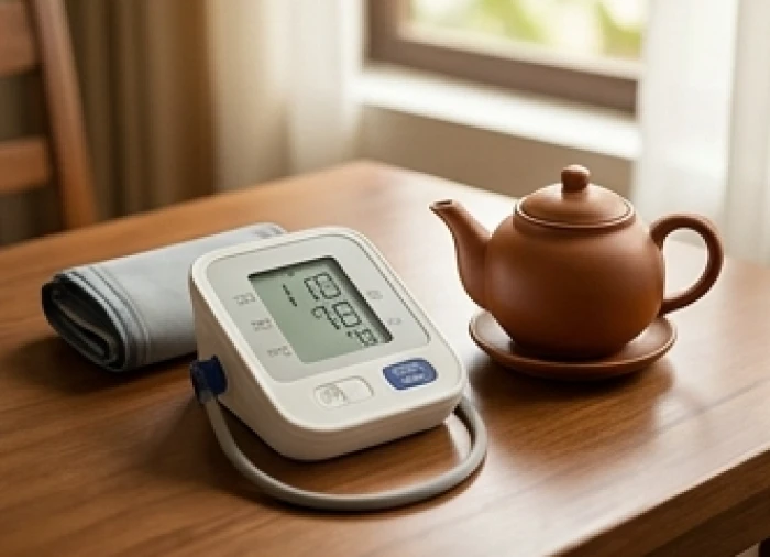 Máy đo huyết áp tại nhà cùng tách trà ấm trên bàn thể hiện sự chuẩn bị thấu đáo cho sức khỏe và tài chính giai đoạn hậu vận
