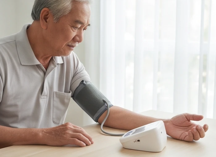 Gia chủ cao tuổi Nhâm Dần theo dõi chỉ số huyết áp hằng ngày tại nhà để chủ động kiểm soát sức khỏe thời điểm vận hạn