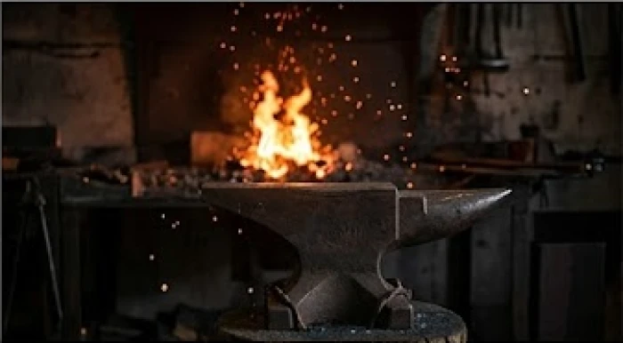 Ngọn lửa bùng lên mạnh mẽ đang nung nóng một thanh kim loại thể hiện bản chất áp chế trong mối quan hệ Hỏa khắc Kim