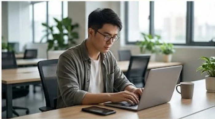 Chuyên gia lập trình đang tập trung gõ mã nguồn trên màn hình máy tính trong không gian làm việc hiện đại