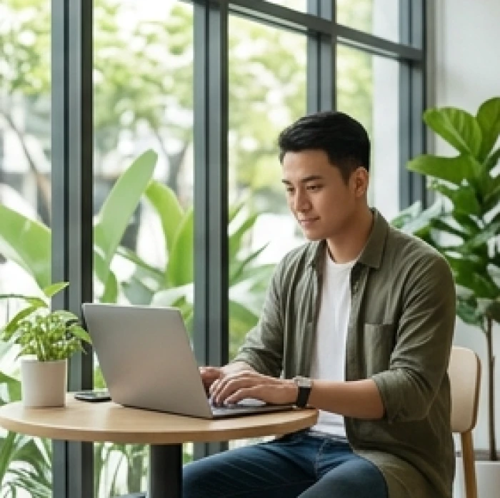 Chàng trai nam Bính Tý làm việc tự do bên máy tính xách tay tại không gian quán cà phê hiện đại với ánh sáng tự nhiên