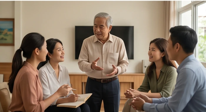 Nhóm người đang thảo luận công việc thân thiện trong một không gian văn phòng hoặc lớp học mở