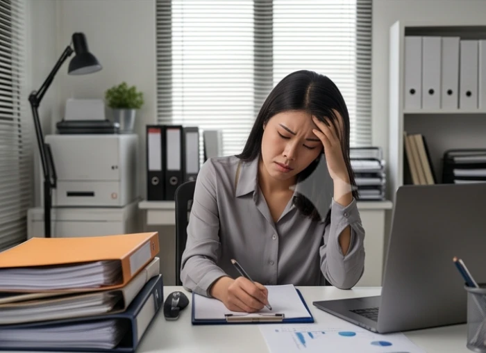 Nữ nhân viên tỏ vẻ ức chế và mệt mỏi khi phải làm việc trong một không gian văn phòng khép kín gò bó