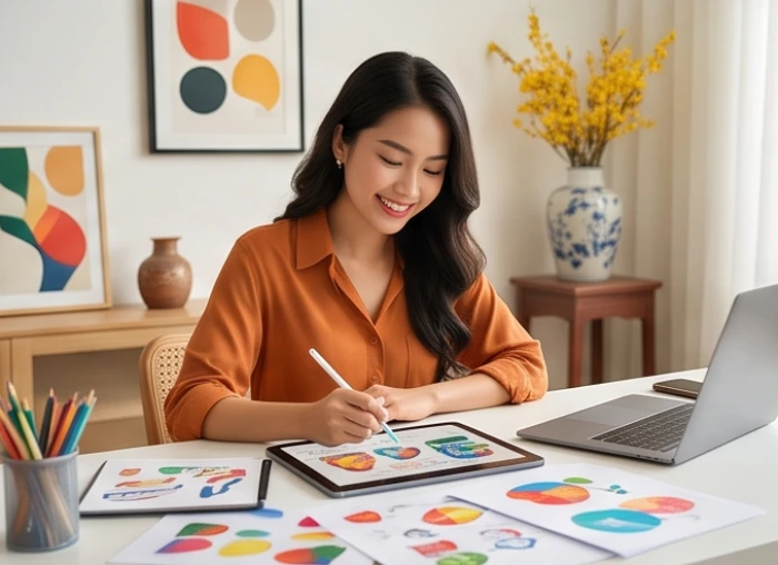 Nhóm thiết kế trẻ đang thảo luận sôi nổi về ý tưởng mới trước màn hình máy tính đồ họa