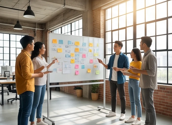 Đội ngũ nhân sự trẻ làm việc năng động và thảo luận sáng tạo trong không gian văn phòng startup linh hoạt