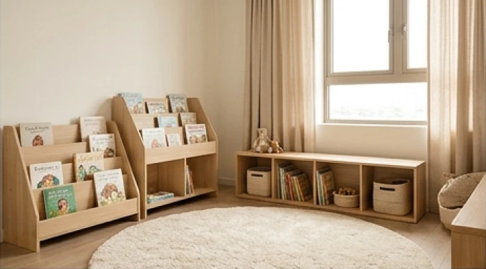 Góc đọc sách thư giãn với thảm bông mềm mại và kệ gỗ thấp giúp trẻ mang mệnh kim bạch kim tự do khám phá thế giới
