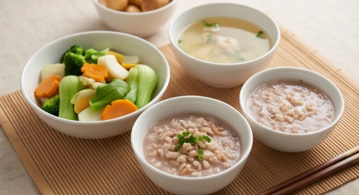 Bàn ăn dinh dưỡng thanh đạm với các món luộc và ngũ cốc nguyên cám giúp bảo vệ sức khỏe hậu vận tuổi Kỷ Dậu