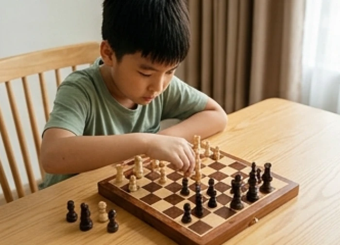 Bé trai sinh năm 2017 cân nhắc nước đi cờ vua thể hiện khả năng tư duy logic và tính kiên trì của Độc Lập Kê