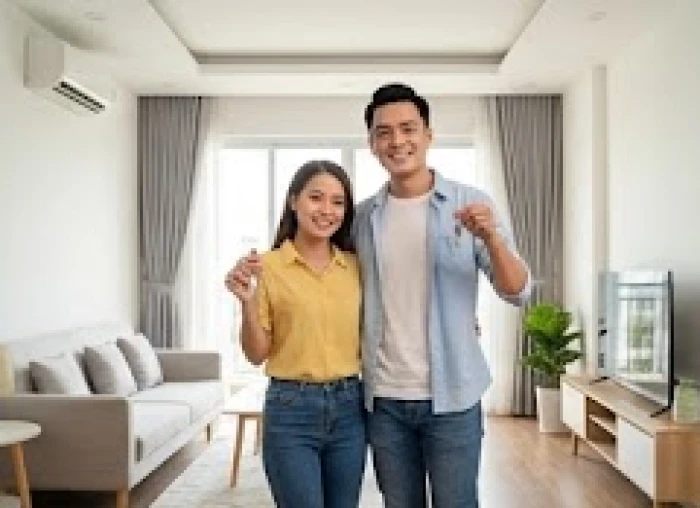 Cặp vợ chồng trẻ đang nhận chìa khóa bước vào căn hộ chung cư hiện đại đã được hoàn thiện nội thất