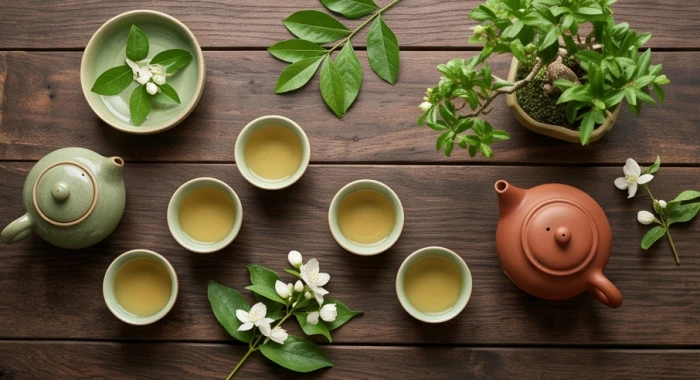Không gian trà đạo trang nhã phản ánh sự hòa hợp ngũ hành theo mùa sinh của tuổi Canh Tý