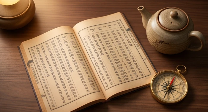 Cuốn sách tử vi truyền thống đặt cạnh ấm trà gốm sứ và la bàn thể hiện ngũ hành nạp âm