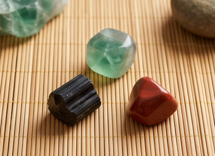 Ba viên đá phong thủy mang màu sắc khác nhau đại diện cho các mức độ tương tác ngũ hành riêng biệt