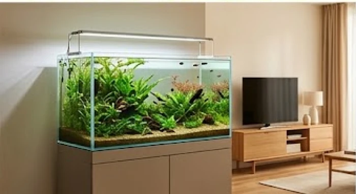 Bể cá kính thủy sinh được đặt trên kệ chân đế cao vừa tầm ngực người trưởng thành để đảm bảo phong thủy