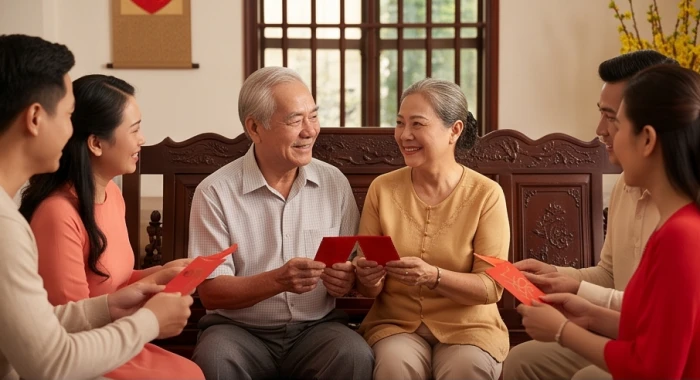 Con cháu quây quần chúc mừng thọ cụ ông và cụ bà tuổi Bính Tuất trong không gian ấm cúng