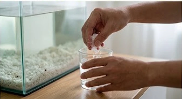 Rắc một lượng nhỏ muối hột vào cốc nước để hòa tan trước khi châm vào bể cá cảnh.