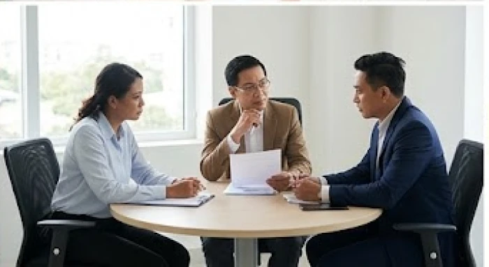 Ba người đang ngồi đàm phán hợp đồng, trong đó người thứ ba đóng vai trò trung gian hòa giải căng thẳng