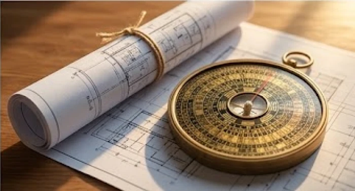 Bản vẽ thiết kế nhà ở được cuộn gọn gàng cạnh chiếc la bàn phong thủy bằng đồng nguyên khối