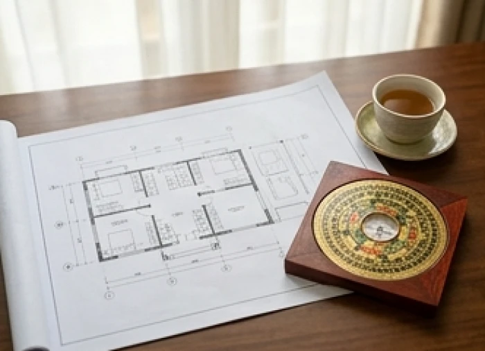 Bản vẽ thiết kế ngôi nhà mới cùng chiếc la bàn phong thủy đặt trên bàn để chuẩn bị cho kế hoạch khởi công