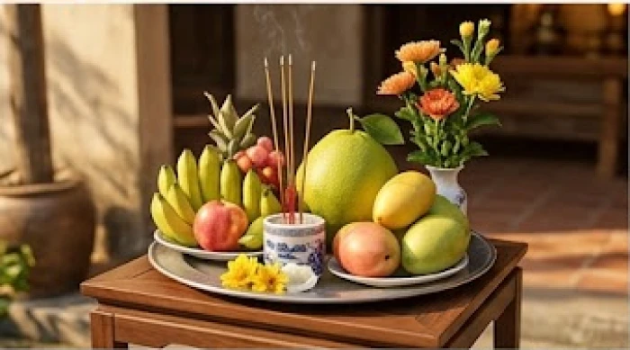 Mâm lễ động thổ khởi công sửa chữa nhà cửa được chuẩn bị trang trọng với hoa tươi và mâm ngũ quả truyền thống