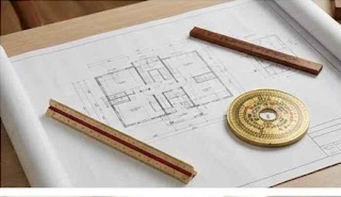 Bản vẽ thiết kế nhà ở đặt cạnh thước lỗ ban và chiếc la bàn phong thủy chuyên dụng