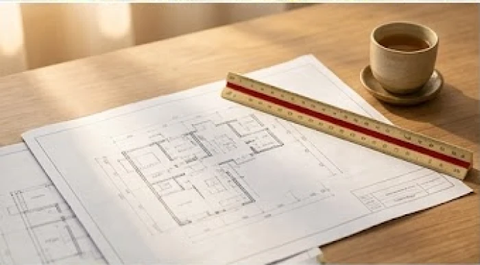 Bản vẽ thiết kế nhà ở được xem xét cẩn thận cùng thước lỗ ban trên chiếc bàn gỗ ngập tràn nắng