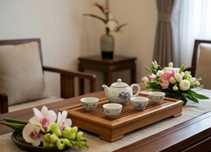 Khay trà trang trọng chuẩn bị cho nghi thức mượn tuổi động thổ xây dựng nhà ở của tuổi Ất Mão 1975