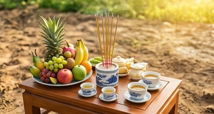 Mâm cúng lễ động thổ xây nhà chuẩn bị chu đáo với mâm ngũ quả và hương hoa ngoài trời cho gia chủ mượn tuổi