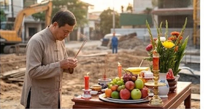 Người được mượn tuổi dâng hương làm lễ khấn vái động thổ xây nhà trong không gian trang nghiêm