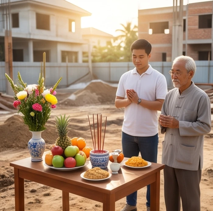 Nghi thức mượn tuổi cúng động thổ xây nhà diễn ra trang trọng dưới sự chứng kiến của gia chủ lớn tuổi