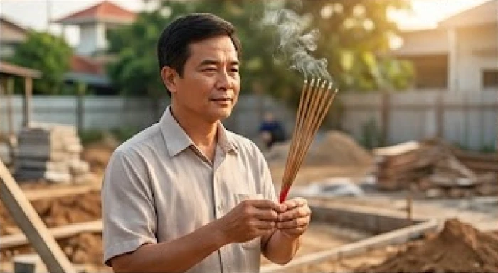 Người đàn ông trung niên khỏe mạnh thực hiện nghi thức dâng hương tại lễ động thổ công trình