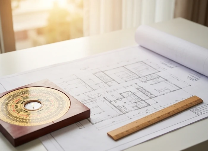 Bản thiết kế kiến trúc ngôi nhà mới cùng la bàn phong thủy đặt trên bàn làm việc trong quá trình chuẩn bị động thổ
