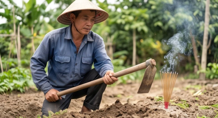 Người đàn ông trung niên đang cầm cuốc thực hiện nghi thức động thổ thay cho gia chủ lớn tuổi