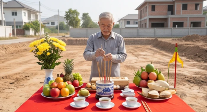 Nghi thức cúng động thổ mượn tuổi xây nhà với mâm lễ vật tươm tất trước công trình