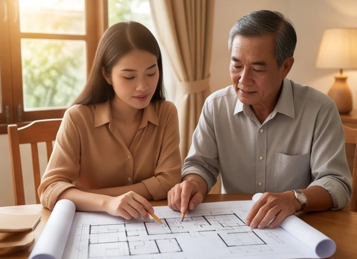 Gia chủ tuổi mậu dần xem xét bản vẽ thiết kế nhà ở cùng chuyên gia phong thủy để mượn tuổi động thổ xây dựng an toàn