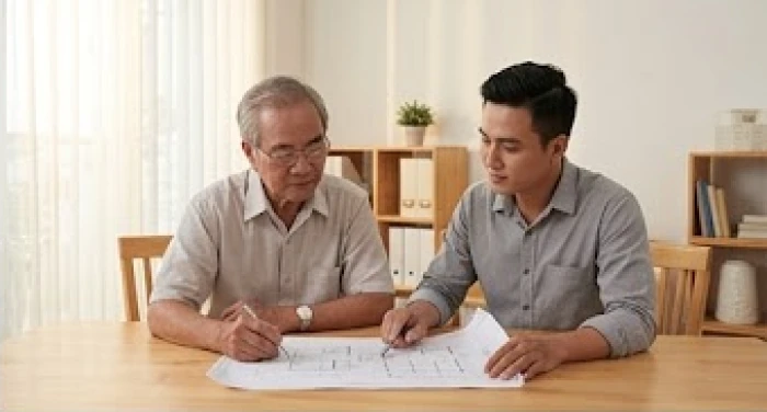 Gia chủ tuổi Nhâm Thìn cùng con cháu xem xét bản thiết kế nhà ở khi áp dụng phương pháp mượn tuổi động thổ