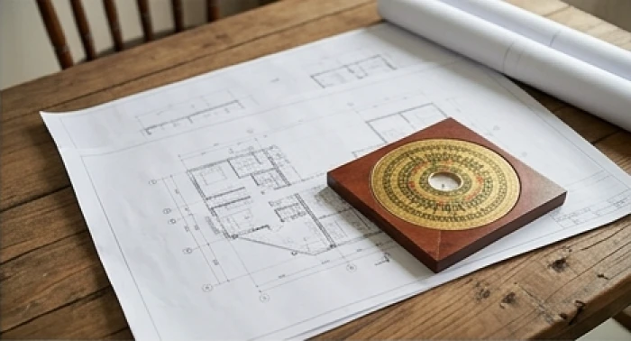 Bản vẽ thiết kế kiến trúc và chiếc la bàn phong thủy đặt trên bàn gỗ